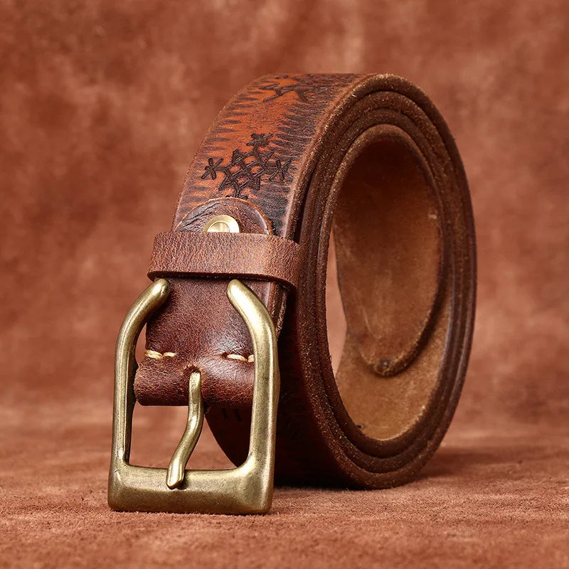 Men's Genuine Leather Belt with Retro Copper Buckle