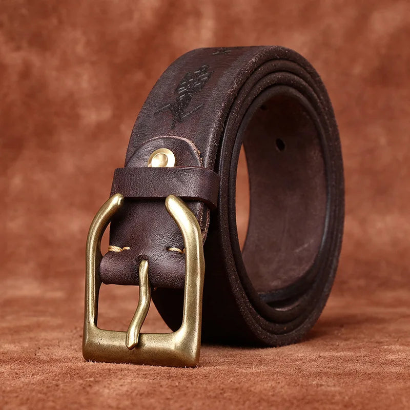 Men's Genuine Leather Belt with Retro Copper Buckle
