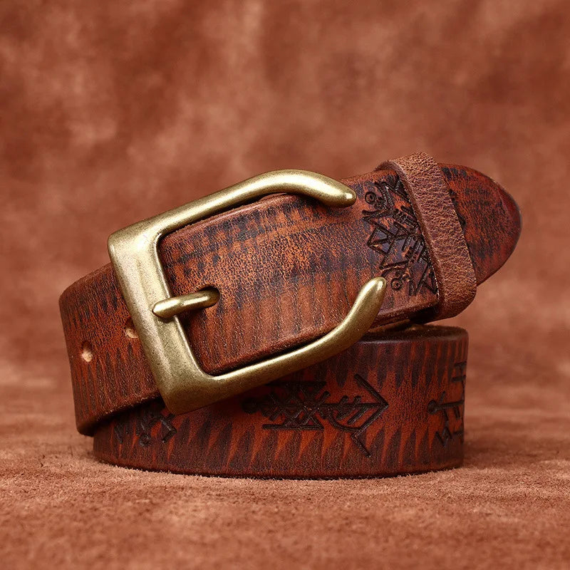 Men's Genuine Leather Belt with Retro Copper Buckle