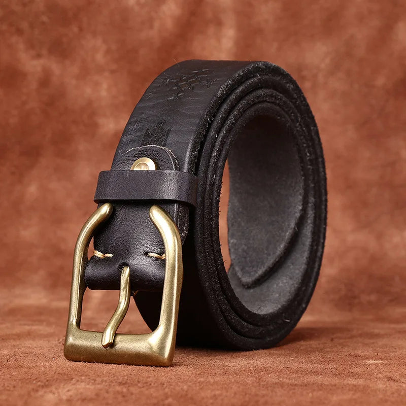 Men's Genuine Leather Belt with Retro Copper Buckle