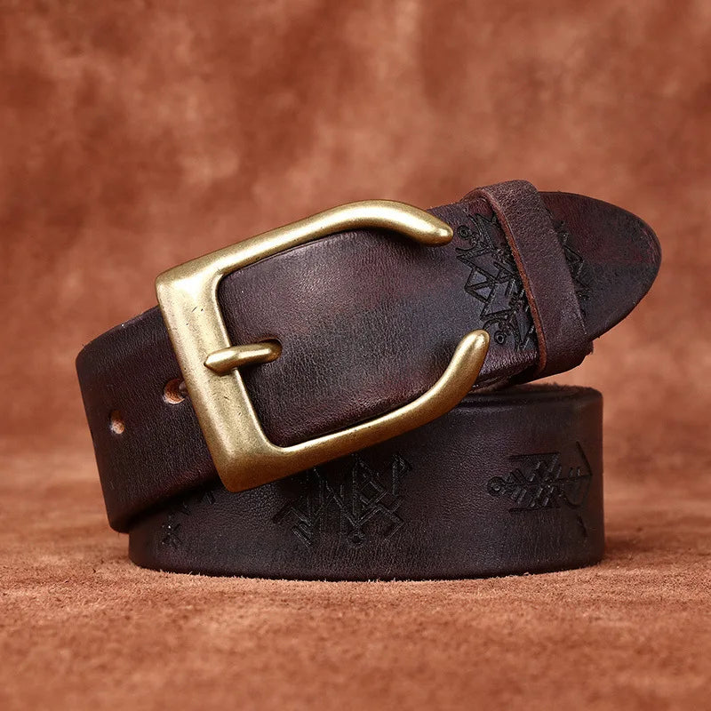 Men's Genuine Leather Belt with Retro Copper Buckle